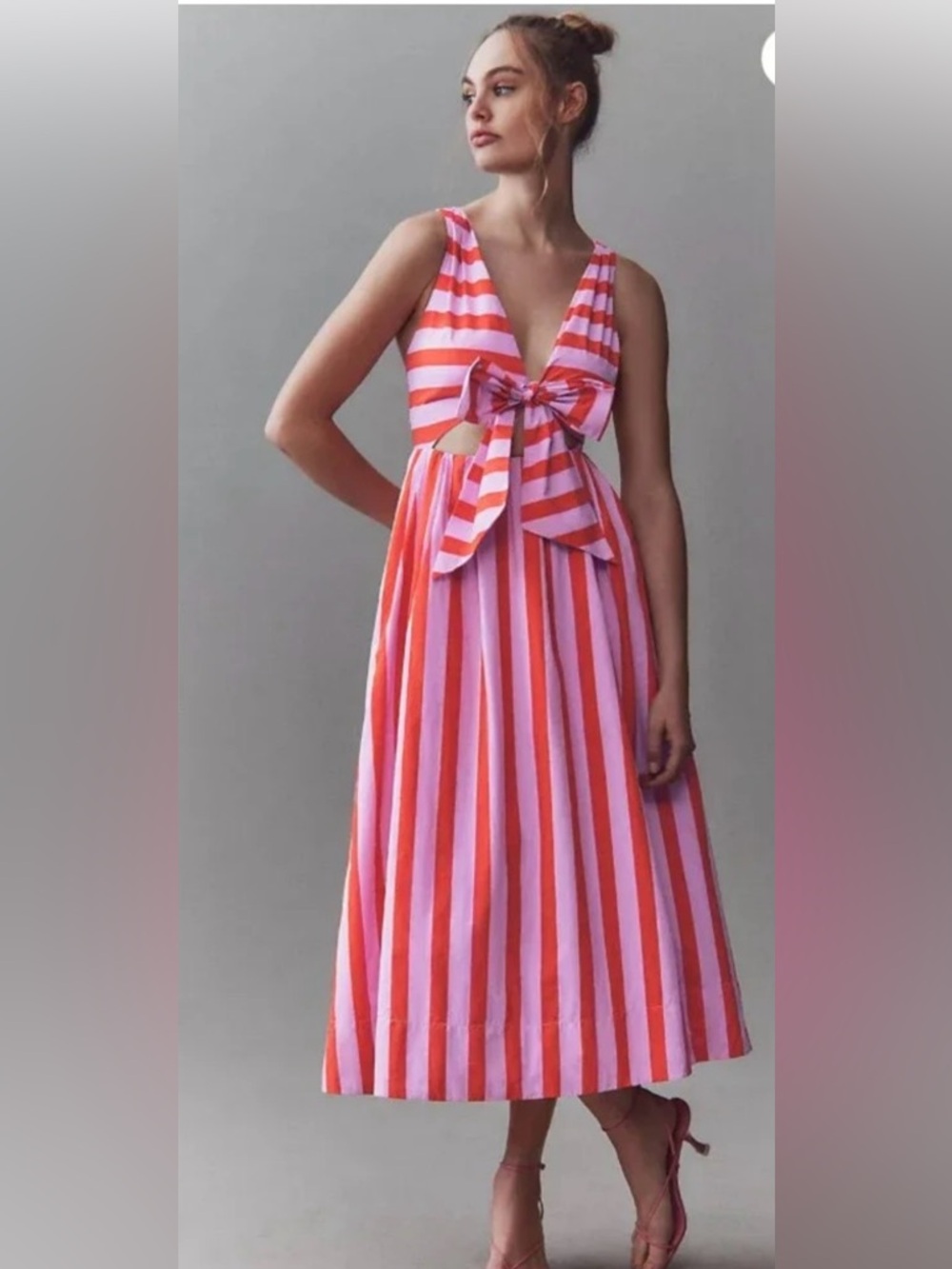 Striped Tie-Front Midi Dress in Pink and Coral